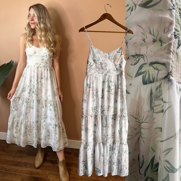 Midi Smocked Sleeveless Tier Dress Floral Vacation Wedding Guest Fairy Victorian - Picture 1 of 13